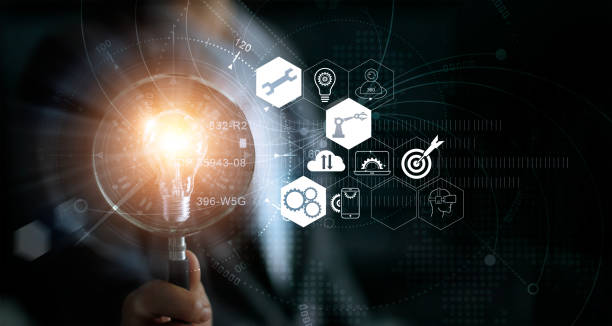 Businessman holding magnifying glass and light bulb. Idea and imagination. Creative and inspiration. Innovation icon network connection. Search engine optimisation. Innovative technology in science and industrial concept